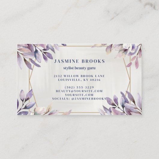 Paarse en gouden trendy botanische bladeren visitekaartje (Achterkant)