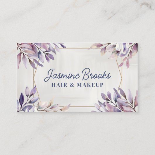 Paarse en gouden trendy botanische bladeren visitekaartje (Voorkant)