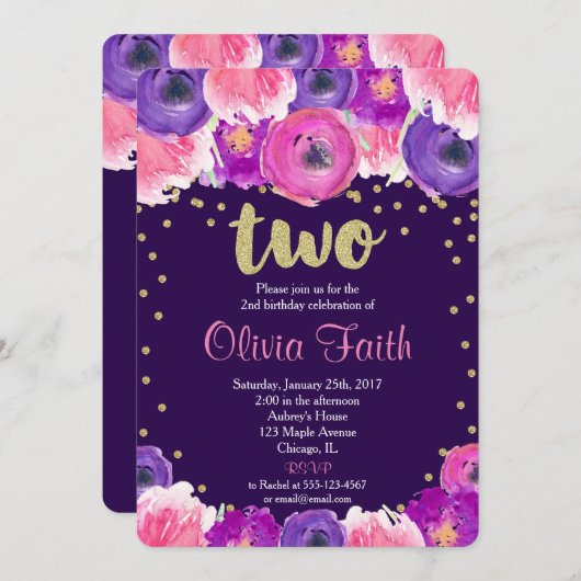paarse en gouden tweede verjaardagsuitnodiging kaart (Voorkant / Achterkant)
