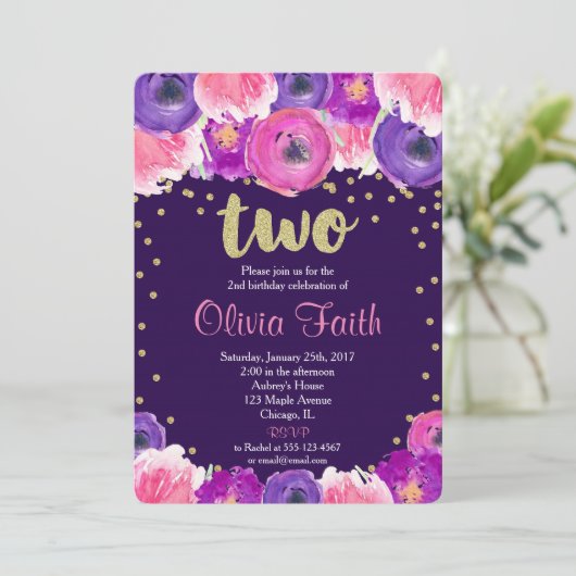 paarse en gouden tweede verjaardagsuitnodiging kaart (Staand voorkant)