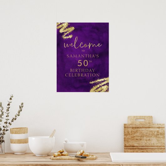 Paarse en gouden Verjaardag Welkom Poster 18x24 (Keuken)