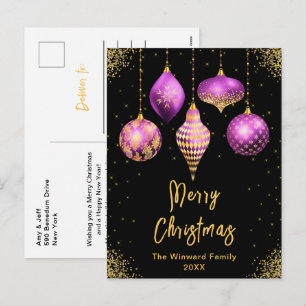 Paarse en Gouden Versieringen Prettig Kerstfeest Feestdagenkaart