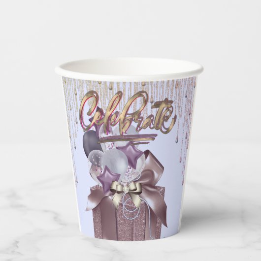 Paarse en gouden viering papieren bekers (Voorkant)