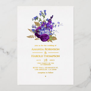 Paarse en gouden vintage bloemen bruiloftsfolie ui folie uitnodiging