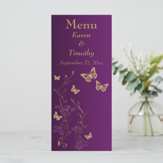 Paarse en gouden vlinder Bloemen Menu Kaart (Staand voorkant)