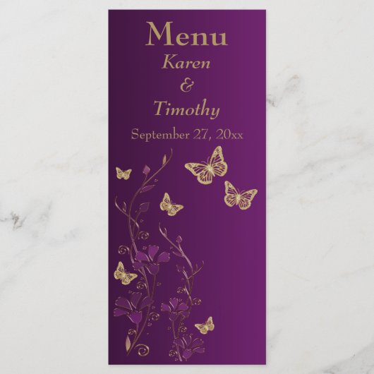 Paarse en gouden vlinder Bloemen Menu Kaart (Voorkant)