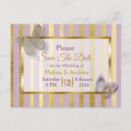 Paarse en gouden vlinder Save the Date Briefkaarte Aankondigingskaart