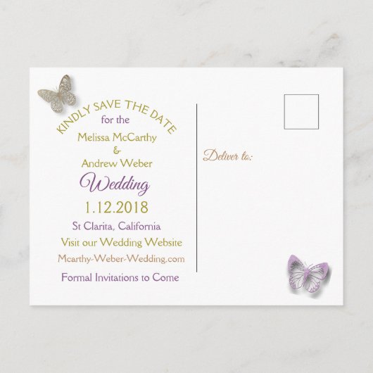 Paarse en gouden vlinder Save the Date Briefkaarte Aankondigingskaart (Achterkant)