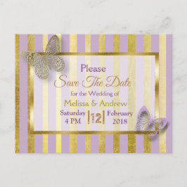 Paarse en gouden vlinder Save the Date Briefkaarte Aankondigingskaart