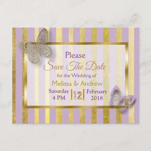 Paarse en gouden vlinder Save the Date Briefkaarte Aankondigingskaart (Voorkant)