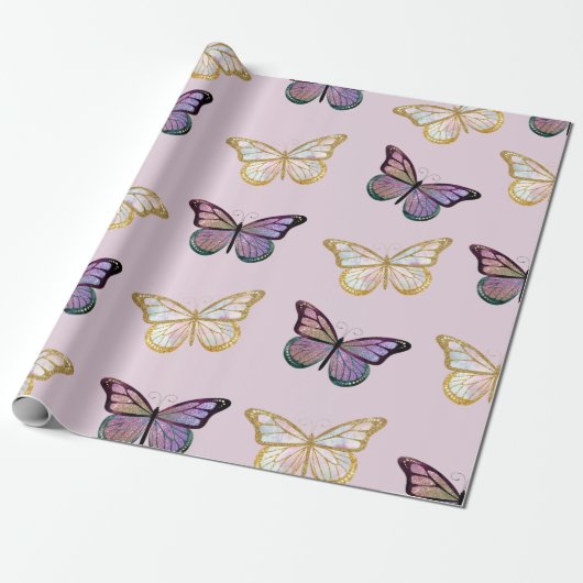 Paarse en gouden vlinders cadeaupapier (Uitgerold)
