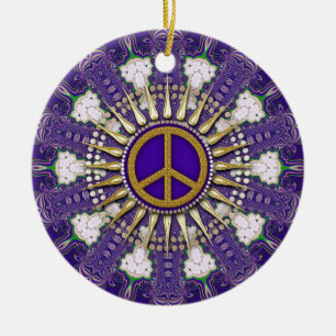 Paarse en Gouden Vredesteken Keramisch Ornament