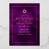 Paarse en gouden Waterverf Bat Mitzvah Foto Folie Uitnodiging (Voorkant)