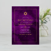 Paarse en gouden Waterverf Bat Mitzvah Foto Folie Uitnodiging (Staand Voorkant)