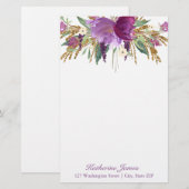Paarse en gouden Waterverf bloemen Aangepast Briefpapier (Voorkant / Achterkant)
