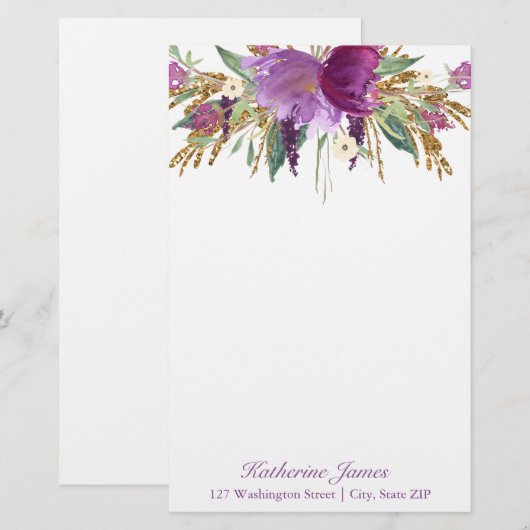 Paarse en gouden Waterverf bloemen Aangepast Briefpapier (Voorkant / Achterkant)