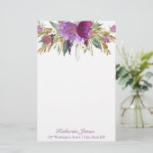 Paarse en gouden Waterverf bloemen Aangepast Briefpapier (Staand voorkant)