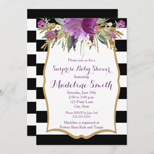 Paarse en gouden Waterverf Bloemen Baby shower Kaart (Voorkant / Achterkant)