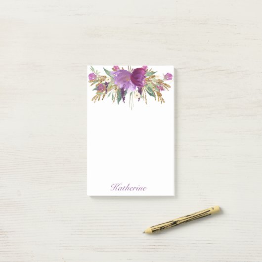 Paarse en gouden Waterverf bloemen Post-it® Notes (Op bureau)