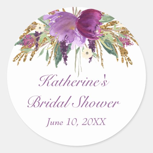Paarse en gouden Waterverf Bloemen Ronde Sticker (Voorkant)