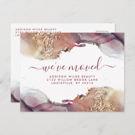Paarse en gouden Waterverf Ink Moving Announding Aankondigingskaart (Voorkant / Achterkant)