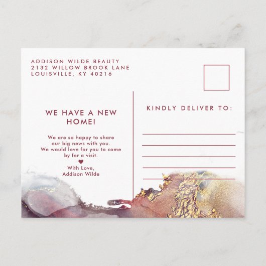 Paarse en gouden Waterverf Ink Moving Announding Aankondigingskaart (Achterkant)