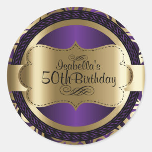 Paarse en gouden werveling Abstract Verjaardag Ronde Sticker