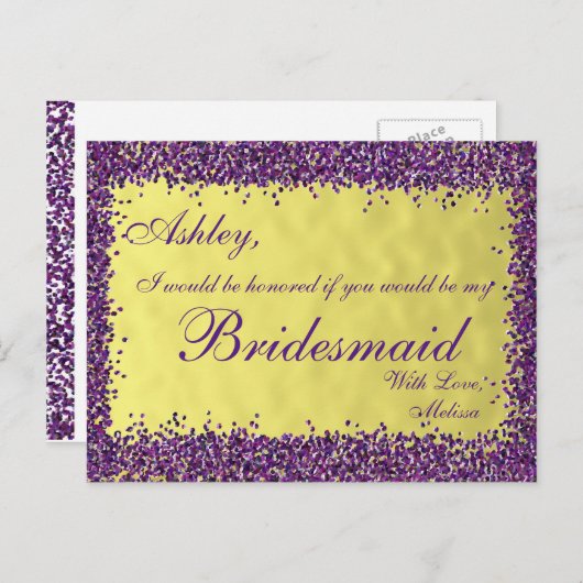 Paarse en gouden: word jij mijn bruidsmeisje? uitnodiging briefkaart (Voorkant / Achterkant)