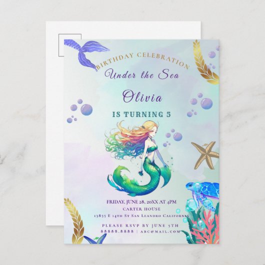 Paarse en gouden zeemeermin Verjaardag onder het Z Uitnodiging Briefkaart (Voorkant / Achterkant)