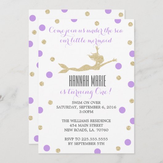 Paarse en gouden zeemeermin verjaardagsfeestje kaart (Voorkant / Achterkant)