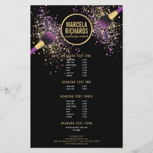 Paarse en gouden zwarte Confetti Makeup Artist Fly Flyer (Voorkant)