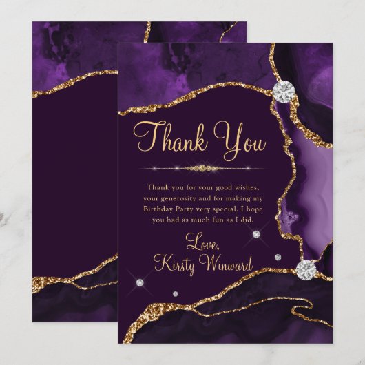 Paarse en goudfaux Glitter Agate Birthday Bedankkaart (Voorkant / Achterkant)