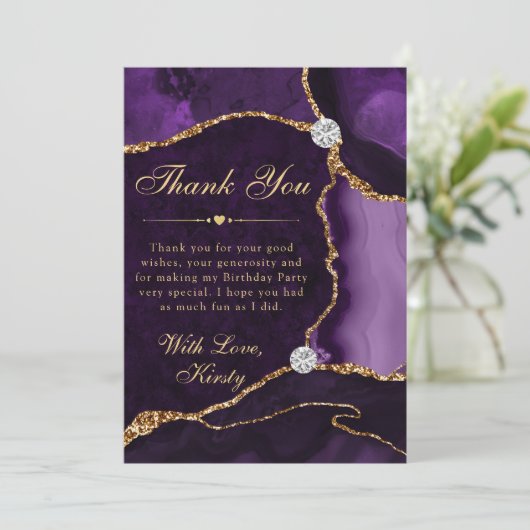 Paarse en goudfaux Glitter Agate Birthday Bedankkaart (Staand voorkant)