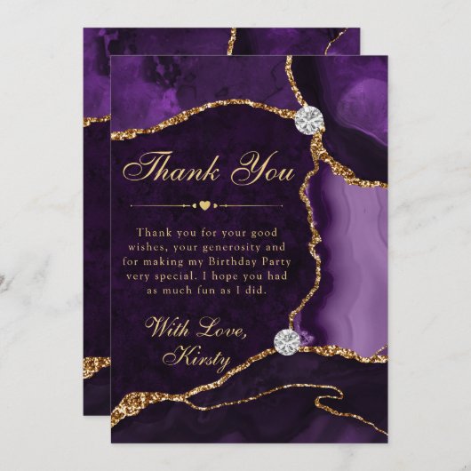 Paarse en goudfaux Glitter Agate Birthday Bedankkaart (Voorkant / Achterkant)