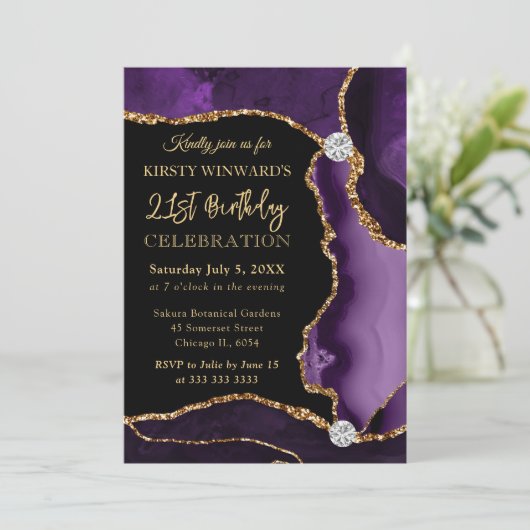 Paarse en goudfaux Glitter Agate Birthday Kaart (Staand voorkant)