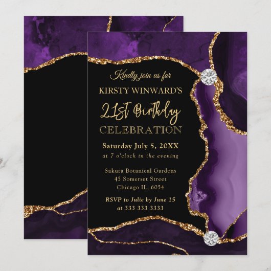 Paarse en goudfaux Glitter Agate Birthday Kaart (Voorkant / Achterkant)