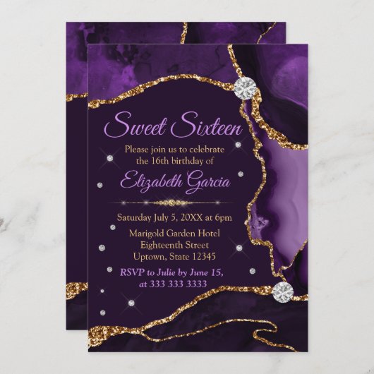 Paarse en goudfaux Glitter Agate Sweet 16 Kaart (Voorkant / Achterkant)
