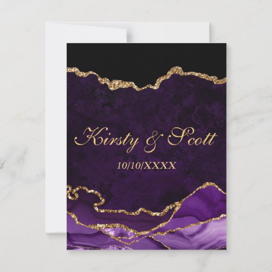 Paarse en goudfeeën Glitter Agate Marmer Wedding RSVP Kaartje (Achterkant)