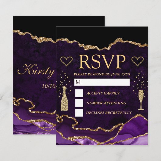 Paarse en goudfeeën Glitter Agate Marmer Wedding RSVP Kaartje (Voorkant / Achterkant)