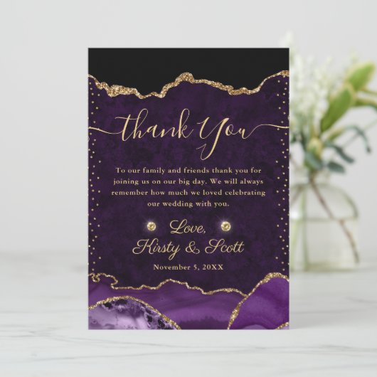 Paarse en goudfeeën Glitter Agate Wedding Bedankkaart (Staand voorkant)