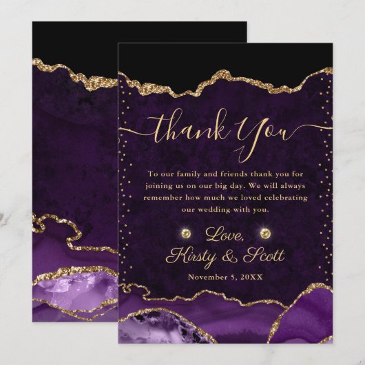 Paarse en goudfeeën Glitter Agate Wedding Bedankkaart (Voorkant / Achterkant)