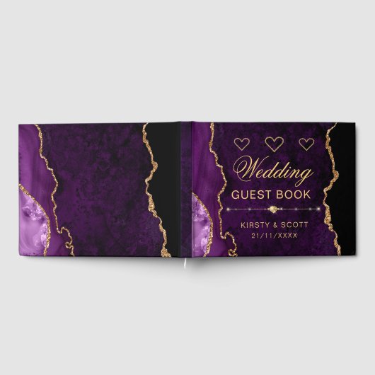 Paarse en goudfeeën Glitter Agate Wedding Gastenboek (Volledig)