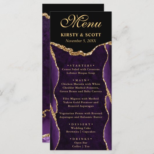 Paarse en goudfeeën Glitter Agate Wedding Menu (Voorkant / Achterkant)