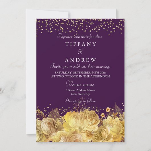 Paarse en goudflora Elegant Wedding Invite Kaart (Voorkant)