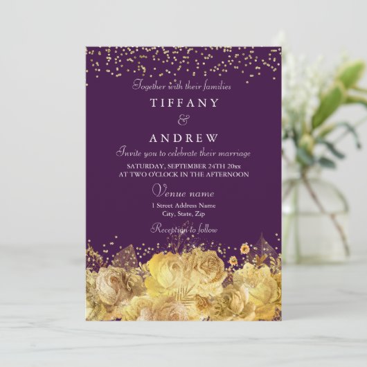 Paarse en goudflora Elegant Wedding Invite Kaart (Staand voorkant)