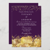 Paarse en goudflora Elegant Wedding Invite Kaart (Voorkant / Achterkant)
