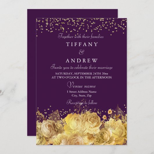 Paarse en goudflora Elegant Wedding Invite Kaart (Voorkant / Achterkant)