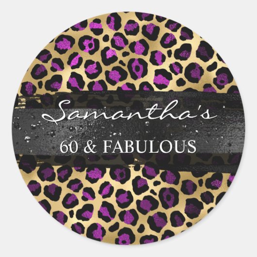 Paarse en goudfolie Leopard 60 & Fabulous Ronde Sticker (Voorkant)