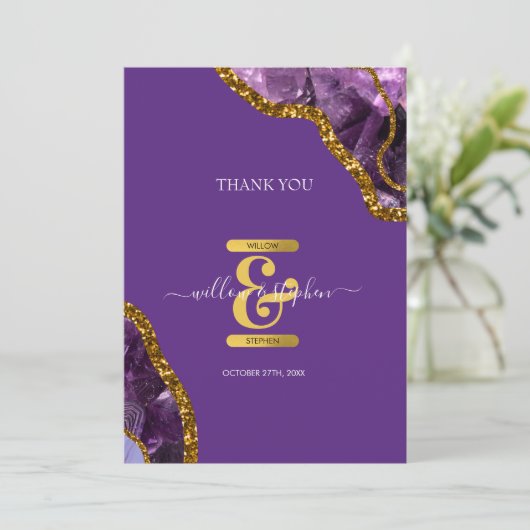 Paarse en goudgebeddenweddenschappen bedankkaart (Staand voorkant)