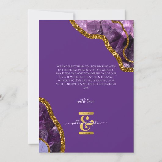 Paarse en goudgebeddenweddenschappen bedankkaart (Achterkant)